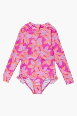 Kids Swimsuit Snapper Rock Hibiscus Hype Surf Suit -Deals New Girls Wear Store HIBISCUS HYPE LS SURF SUIT front enhanced